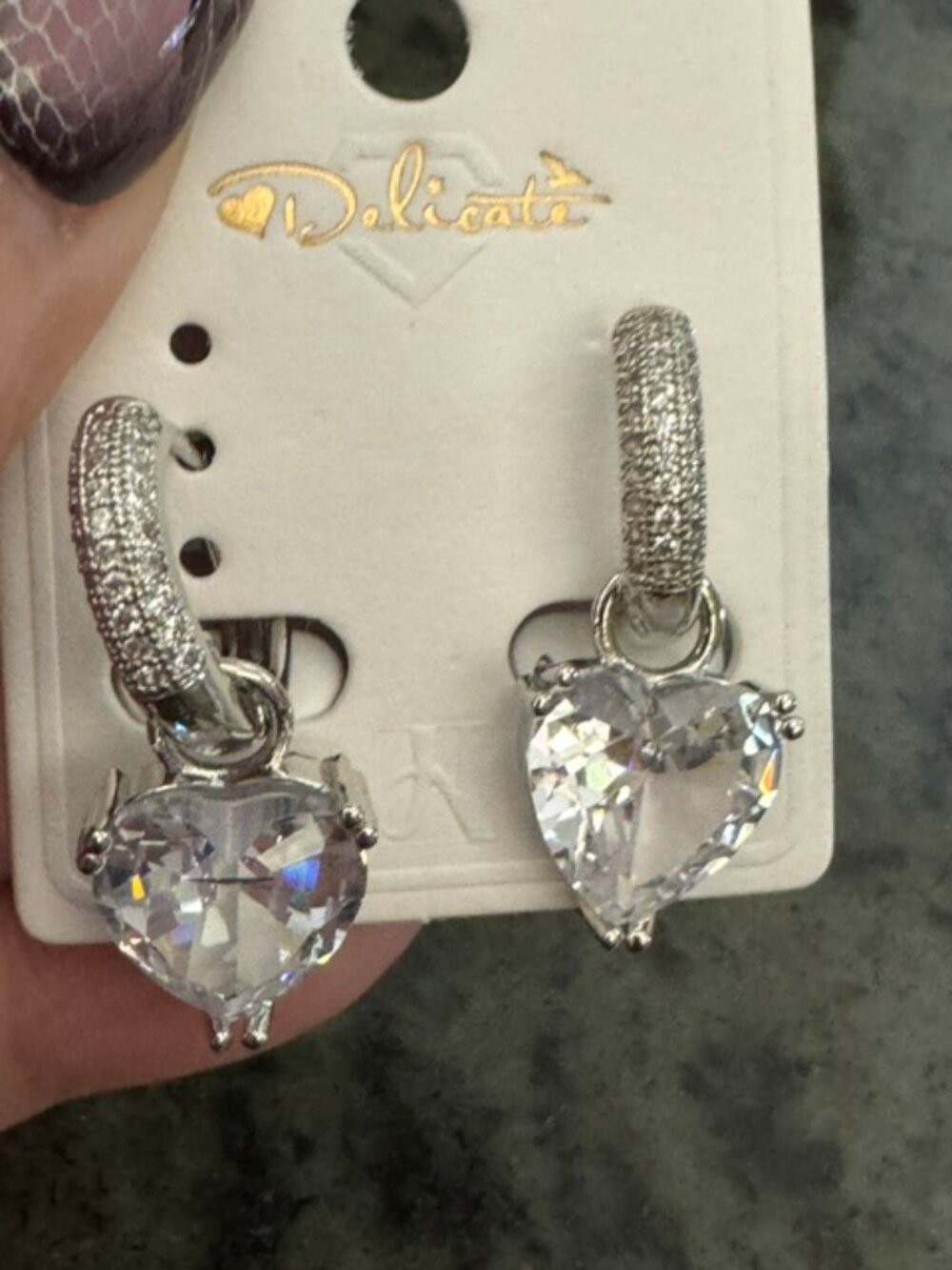 18 White Gold Filled CZ Huggie Hoop Dangle Earrings | Sparkling Hearts - NEW